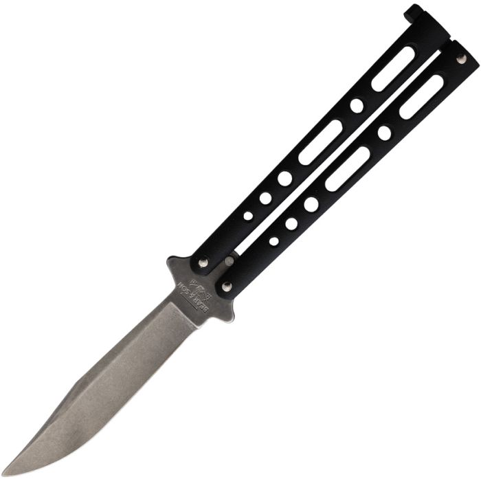 Butterfly Black Stonewash, 5.25" (13.34cm) closed. 3.25" (8.26cm) black stonewash finish 440 stainless clip point blade. Black powder coated zinc handle.