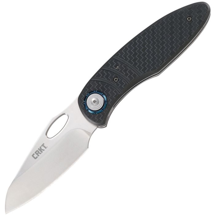 CRKT Trask Deadbolt Lock Black, 4.5" (11.43cm) closed. 3.25" (8.26cm) satin finish D2 tool steel blade. Black textured GRN handle. Thumb pull. Pocket clip. Blue backspacer and accents. Designed by Eric Ochs.