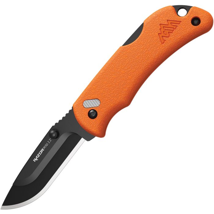 Outdoor Edge Razor Lite Lockback Orange, 4.5" (11.43cm) closed. 3.5" (8.89cm) stainless blade. Black Grivory handle with orange TPR insert. Lanyard hole. Pocket clip. Inlay shield. Comes with six replacement razor blades.