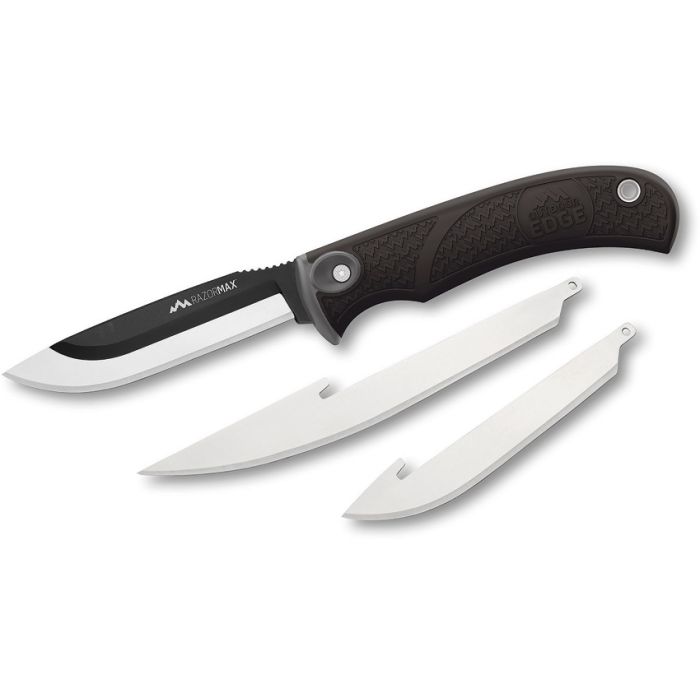 Outdoor Edge Razormax Black, Black rubberized TPR handle. Lanyard hole. Includes six interchangeable blades, (3) 3.5" drop point, and (3) 5" boning/fillet. 4.5" handle. Black nylon belt sheath