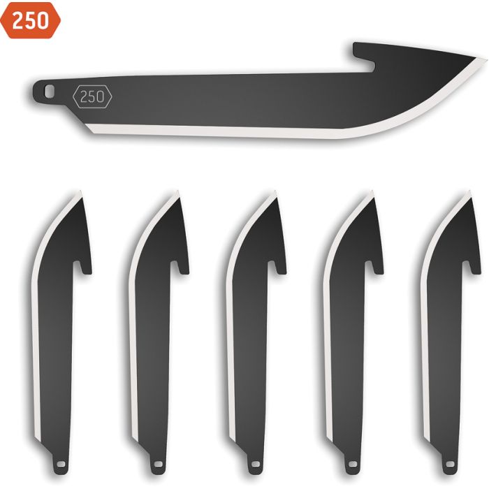 Outdoor Edge Drop Point Blade Pack 6 Blk, 2.5" (6.35cm) black oxide coated 420J2 stainless drop point blade. 250. Pack of 6. Individually wrapped.