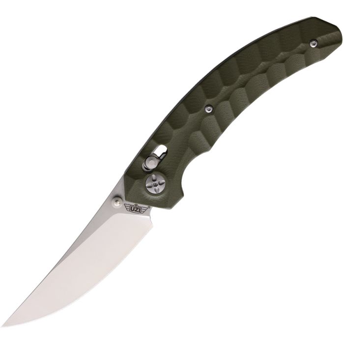 Uzi Axis Lock Clip Point, 5" (12.7cm) closed. 3.75" (9.53cm) stonewash and satin finish 8Cr13MoV stainless clip point blade. Green sculpted G10 handle. Thumb stud. Pocket clip.