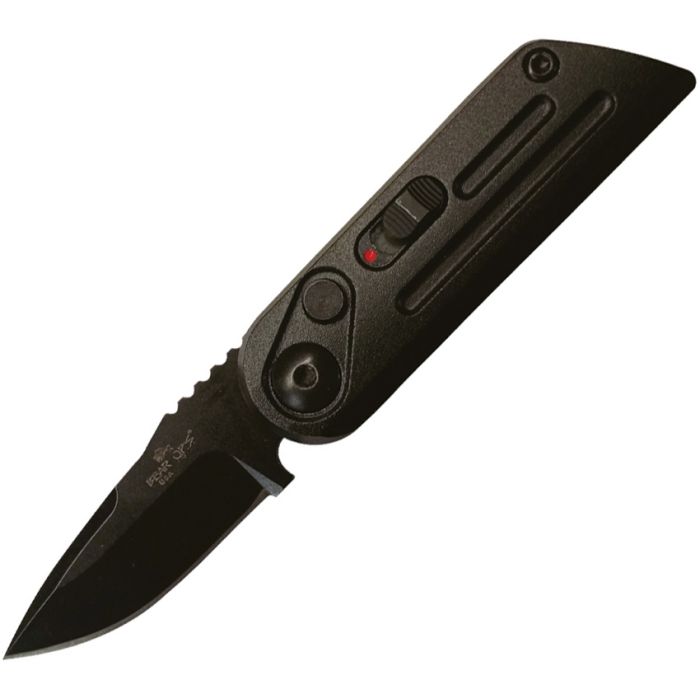 BEAR & SON Auto Bold Action XIV Black, Automatic opening. 2.5" (6.35cm) closed. 1.5" (3.81cm) black finish 14C28N Sandvik stainless blade. Black stainless handle. Pocket clip. Safety mechanism