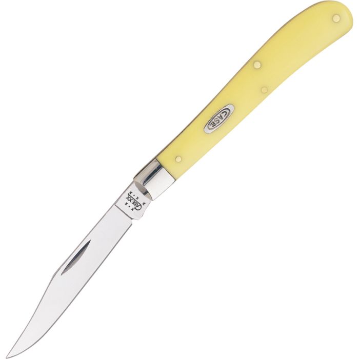 CASE XX 31048 Slimline Trapper Yellow, 31048 CV pattern. 4.125" closed. Chrome Vanadium carbon steel clip blade. Yellow synthetic handle. Nickel silver bolster(s). Inlay shield.