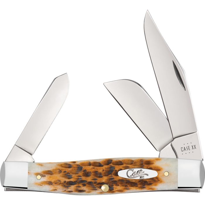 CASE XX 6375 SS Large Stockman Amber Bone, 4.25" (10.8cm) closed. Mirror finish stainless clip, sheepsfoot, and spey blades. Amber jigged bone handle. Nickel silver bolster(s). Inlay shield.