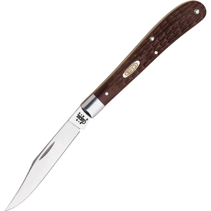 CASE XX 61048 SS Slimline Trapper Brown Delrin, 4.13" (10.49cm) closed. Stainless clip blade. Brown jigged Delrin handle. Nickel silver bolster(s). Inlay shield.