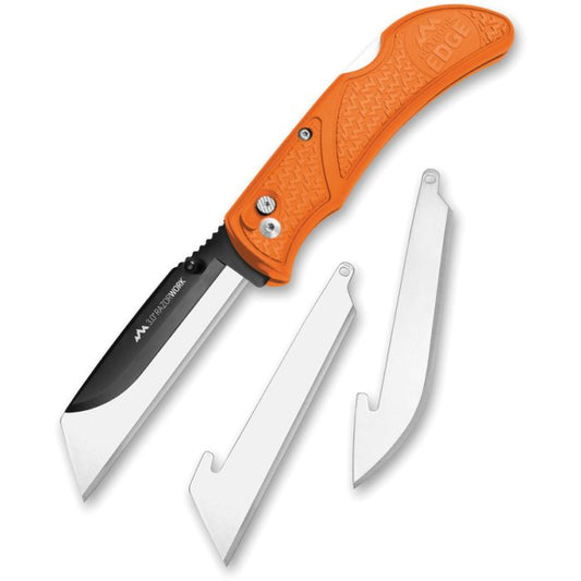 Outdoor Edge Razor Work Lockback Orange, 4.25" (10.8cm) closed. 3" (7.62cm) 420J2 stainless blade. Orange Grivory handle. Thumb stud. Black oxide coated 420J2 stainless blade holder. RazorSafe replaceable blade system. Includes: (2) Utility blades; (